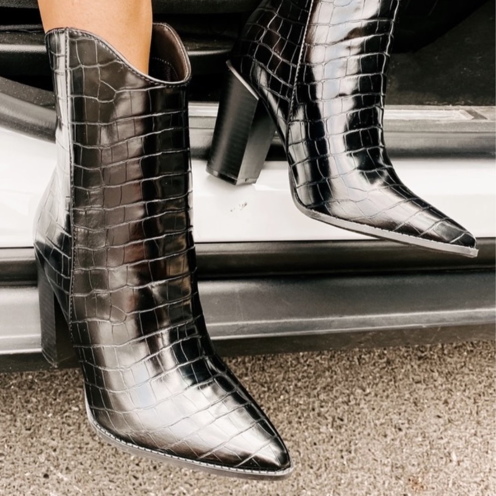 Black Croc Heeled Booties